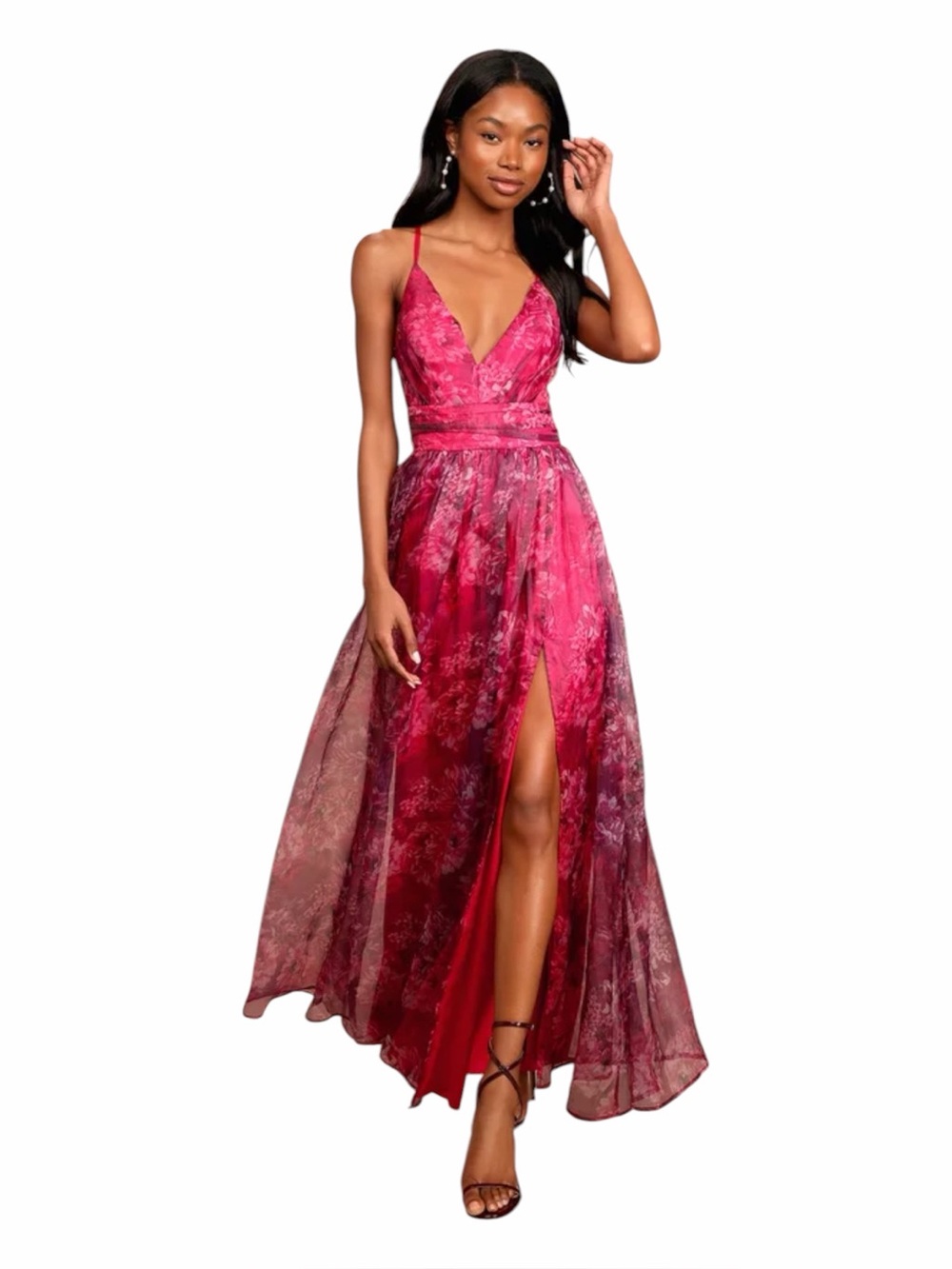 Lulus NWT “Romance That Wows” Magenta Floral Print Organza Maxi Dress Size Med.